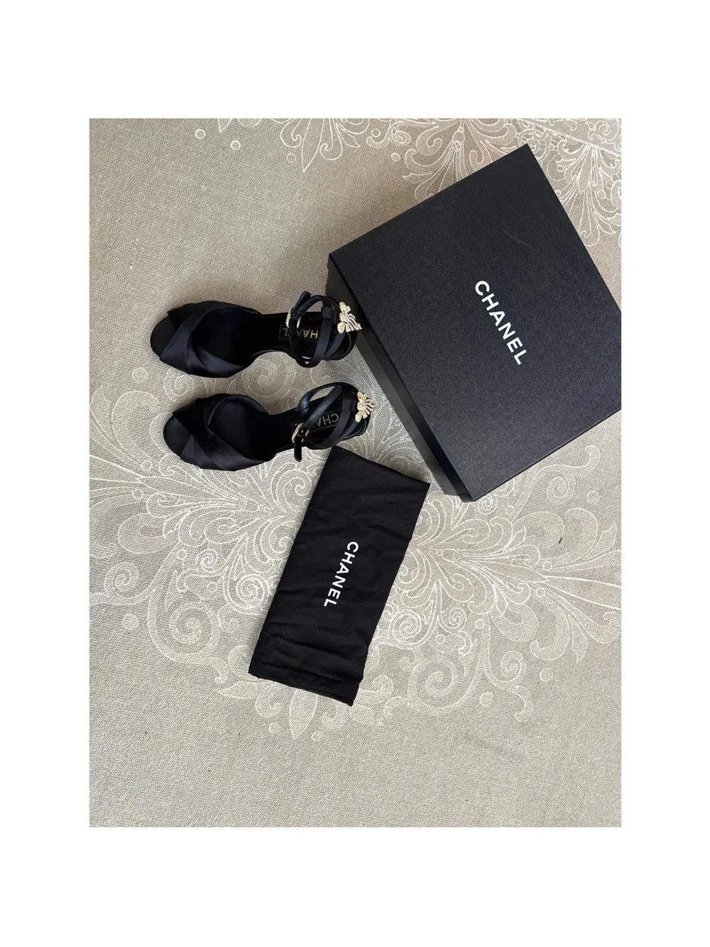 CHANEL Black Satin Crisscross Open-Toe Ankle-Strap Heels with Gold Hardware